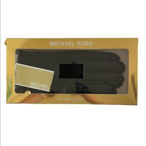 Michael Kors NWT Sz L Woman’s Leather Gloves Black Gold Touch Tip Lined Logo